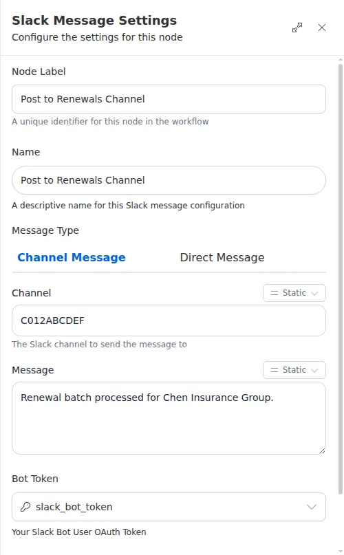 The Channel Message configuration panel, showing the channel, message, and connection fields.