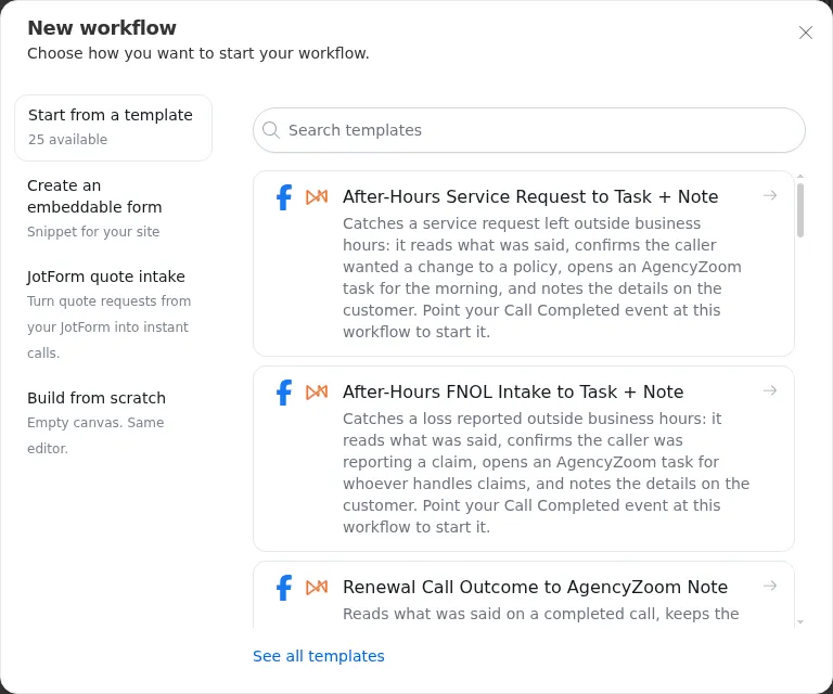The New workflow dialog, listing templates under Start from a template.
