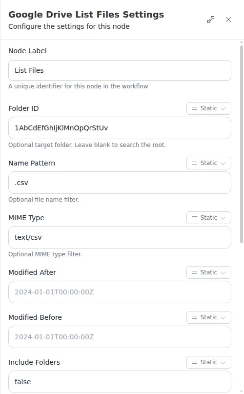 The Google Drive List Files node configuration panel, showing the folder, filters, and sort order.