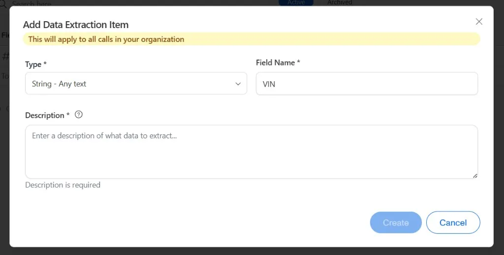 Add Data Extraction Item with field name