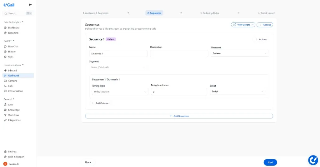 Sequence builder with name, timing, and outreach configuration