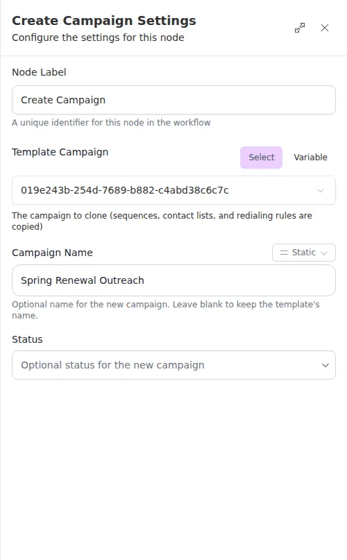 The Create Campaign node configuration panel, showing the template campaign, name, and status.
