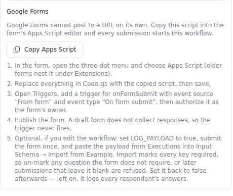 The Google Forms section of the Start node, with the Copy Apps Script button and setup steps.