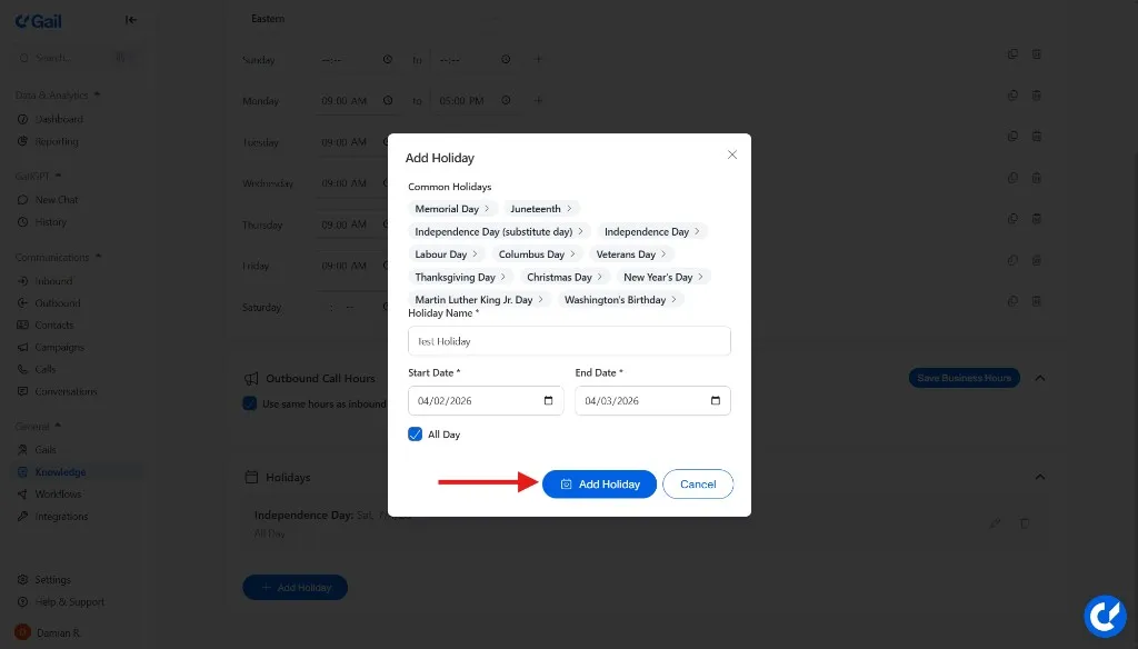 Add Holiday Confirm