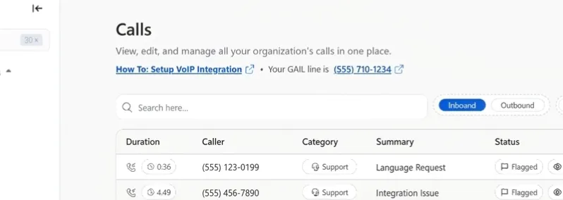 Calls log columns