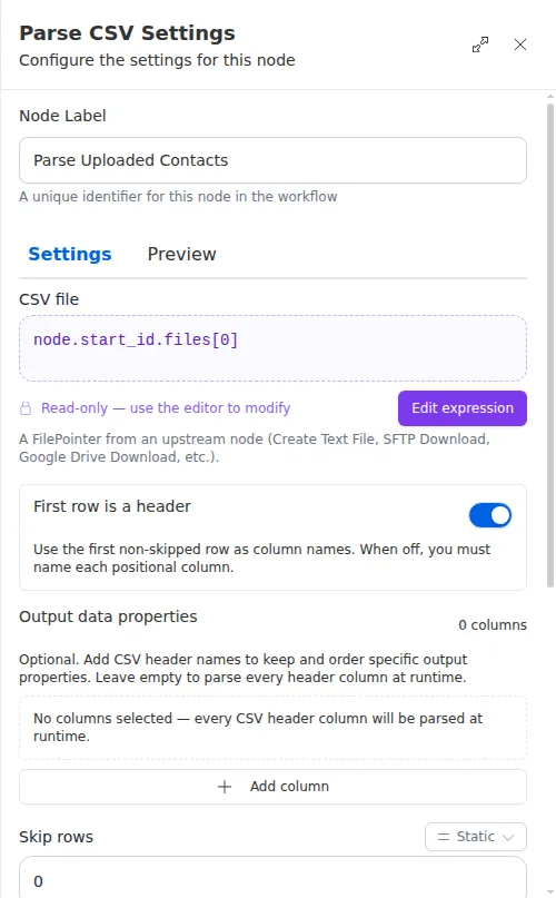 The Parse CSV configuration panel, showing the file source and header setting.