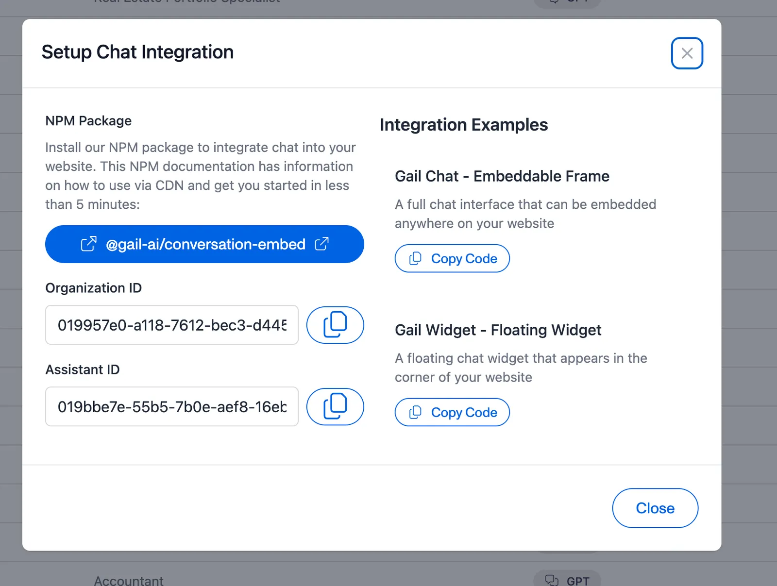 Setup Chat Integration modal