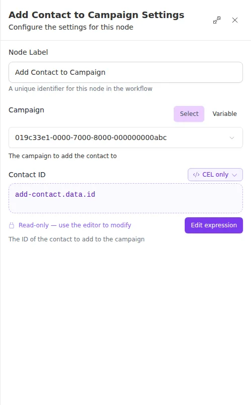 The Add Contact to Campaign settings panel: a selected campaign and the Contact ID set to the expression add-contact.data.id.