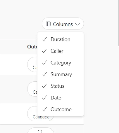 Columns dropdown